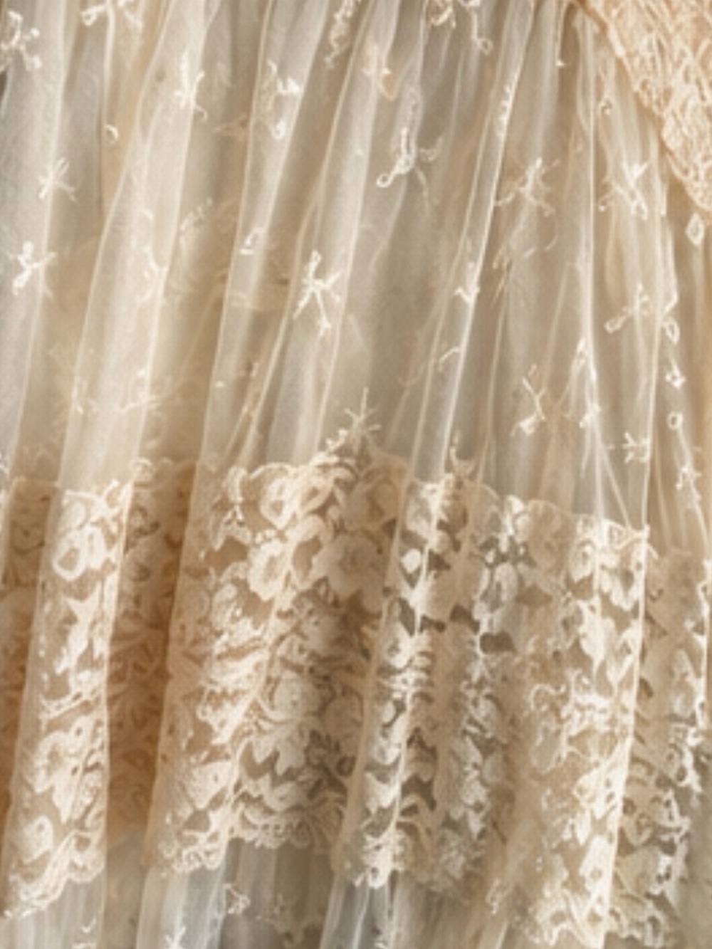 Vintage Boho Fairycore Lace Mesh Tiered Midi Skirt Cream Ivory Sheer Romantic S - Picture 2 of 7
